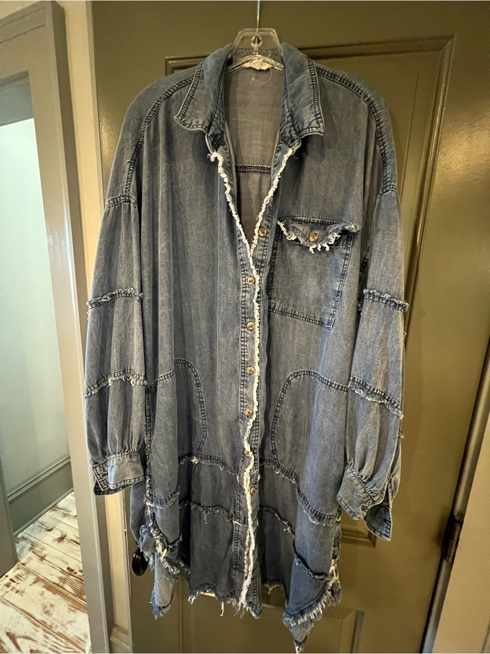 Easel Washed Blue Denim Shirt Dress Jacket - Distressed Longline